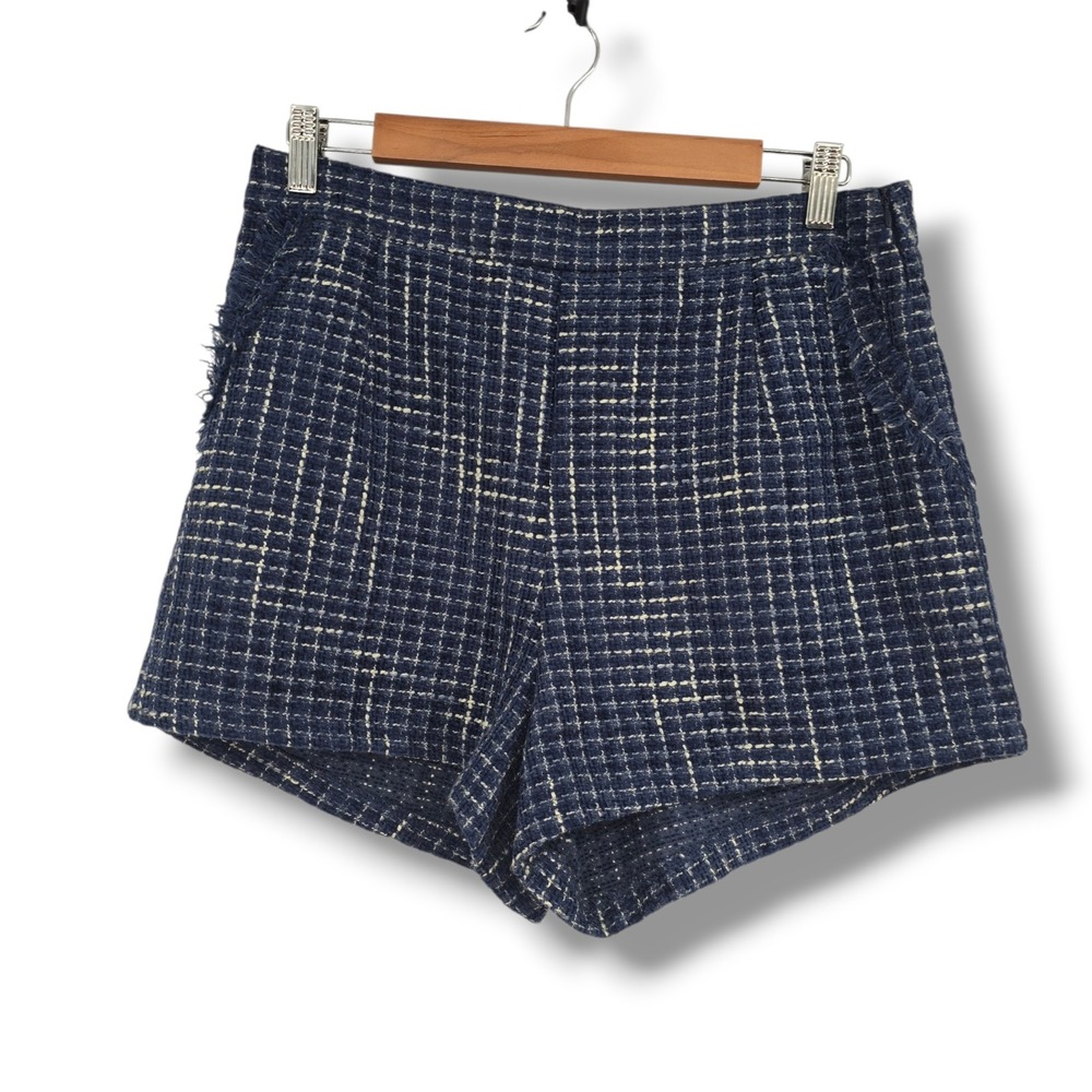 Pants Store Navy Blue Tweed Plaid Shorts Womens Large Side Zip Fringe SY5226-P